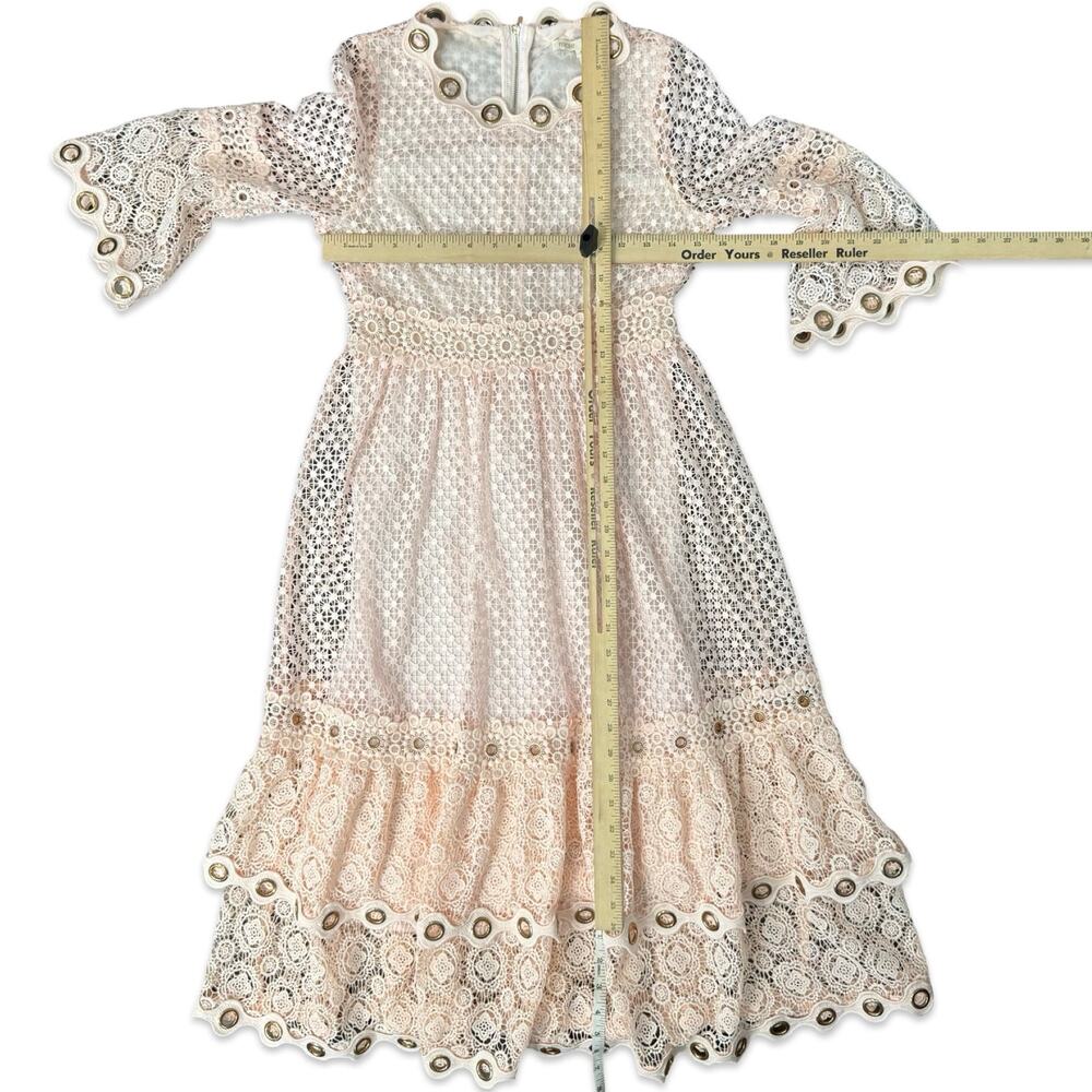 Maje Blush Pink Roso Gold Grommet Lace Tiered Half Sleeve Midi Dress size 1 / S - Picture 10 of 12
